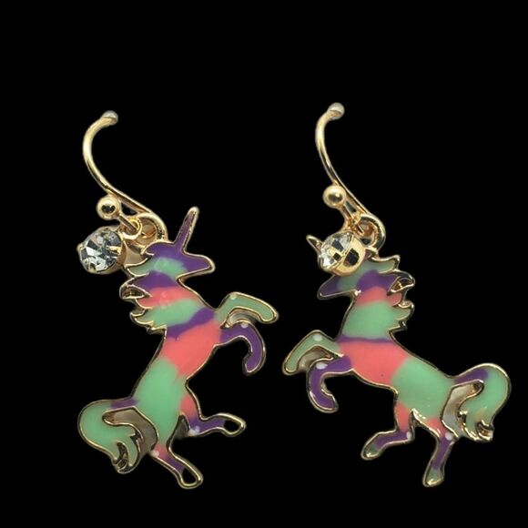 NWT Green, Pink, & Purple Dangling Unicorn Earrings - Picture 1 of 4